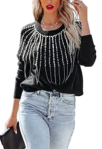 ANCAPELION Damen Casual Pullover Pullover Langarm Strickpullover Tops Rundhalsausschnitt Einfarbig Sweatshirt Shirt mit Perle, Quaste, Schwarz, Mittel von ANCAPELION