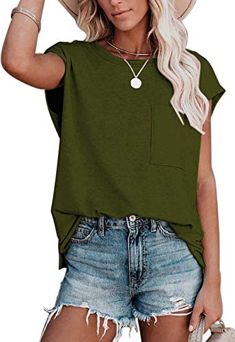 ANCAPELION Damen Casual T-Shirt Kurzarm Sommer Tops Lose Oberteile Rundhals Basic Bluse mit Tasche Einfarbig Grün M von ANCAPELION