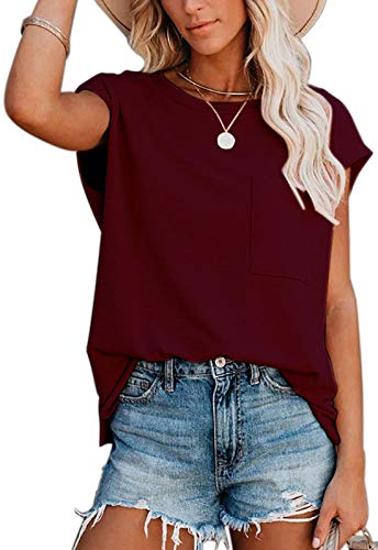 ANCAPELION Damen Casual T-Shirt Kurzarm Sommer Tops Lose Oberteile Rundhals Basic Bluse mit Tasche Einfarbig Rot XXL von ANCAPELION