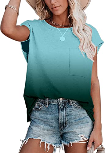 ANCAPELION Damen Casual T-Shirt Kurzarm Sommer Tops Lose Oberteile Rundhals Basic Bluse mit Tasche Farbverlauf Grün, XXL von ANCAPELION