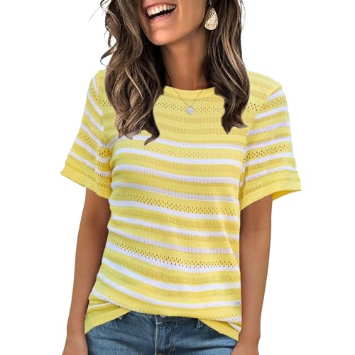 ANCAPELION Damen Casual T-Shirt Striped Kurzarm Sommer Tops Oberteile Rundhals Basic Bluse Gelb und Weiß Ggestreift M von ANCAPELION