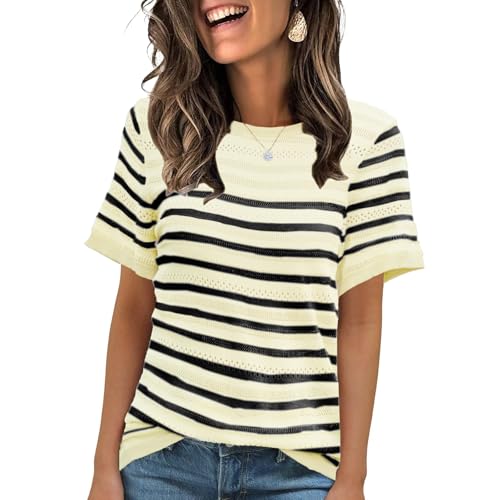 ANCAPELION Damen Casual T-Shirt Striped Kurzarm Sommer Tops Oberteile Rundhals Basic Bluse Mandel und Schwarz Gestreift L von ANCAPELION