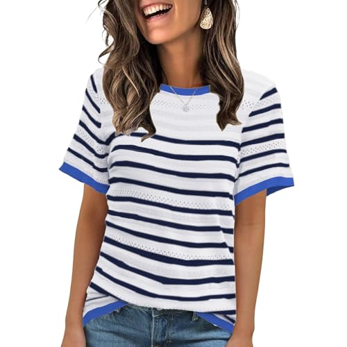 ANCAPELION Damen Casual T-Shirt Striped Kurzarm Sommer Tops Oberteile Rundhals Basic Bluse Weiß und Blau Gestreift S ANCAPELION Damen Casual T-Shirt Striped Kurzarm Sommer Tops Oberteile Rundhals Basic Bluse Weiß und Blau Gestreift S von ANCAPELION