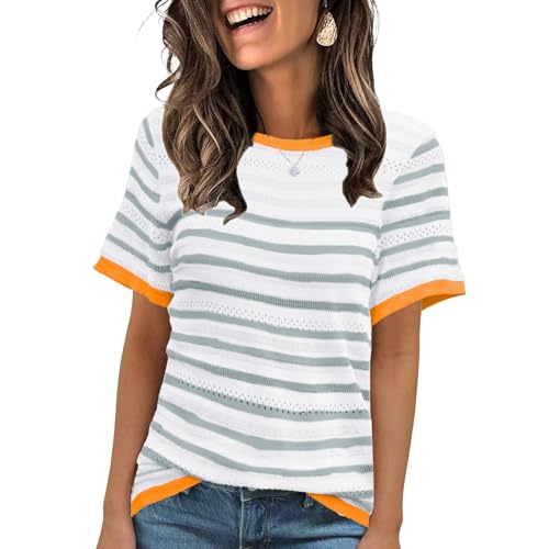 ANCAPELION Damen Casual T-Shirt Striped Kurzarm Sommer Tops Oberteile Rundhals Basic Bluse Weiß und Grau Gestreift XL von ANCAPELION