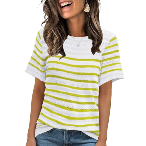 ANCAPELION Damen Casual T-Shirt Striped Kurzarm Sommer Tops Oberteile Rundhals Basic Bluse Weiß und Grün Gestreift L von ANCAPELION