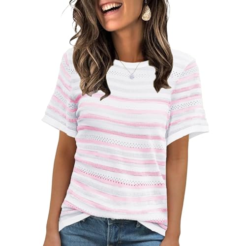 ANCAPELION Damen Casual T-Shirt Striped Kurzarm Sommer Tops Oberteile Rundhals Basic Bluse Weiß und Rosa Gestreift L von ANCAPELION