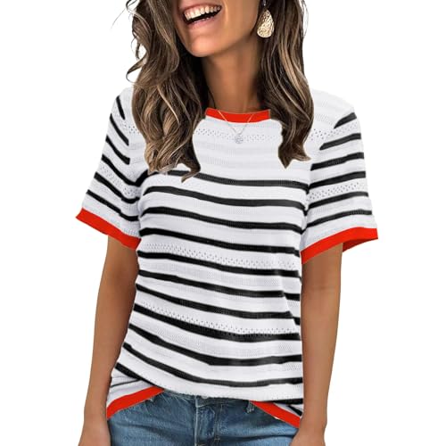 ANCAPELION Damen Casual T-Shirt Striped Kurzarm Sommer Tops Oberteile Rundhals Basic Bluse Weiß und Schwarz Gestreift M von ANCAPELION