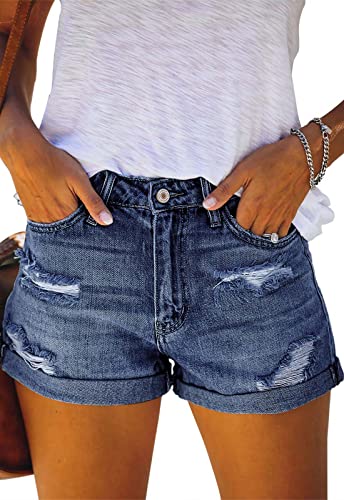 ANCAPELION Damen Denim Shorts Mittlere Taille Crimpen Hotpants Ripped Jeansshorts für Sommer,C-305 Blau XXL von ANCAPELION