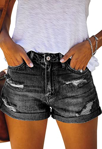 ANCAPELION Damen Denim Shorts Mittlere Taille Crimpen Hotpants Ripped Jeansshorts für Sommer C-Schwarz L von ANCAPELION