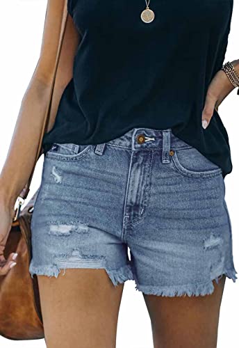 ANCAPELION Damen Denim Shorts Ripped Jeansshorts Mittlere Taille Ausgefranster Saum Hotpants Used-Look Shorts für Sommer A-Dunkelblau S von ANCAPELION