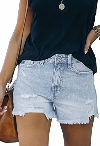 ANCAPELION Damen Denim Shorts Ripped Jeansshorts Mittlere Taille Ausgefranster Saum Hotpants Used-Look Shorts für Sommer A-Hellblau XL von ANCAPELION