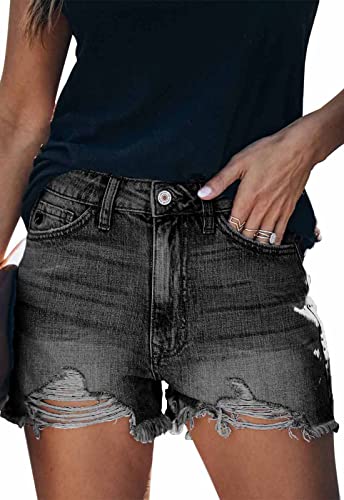 ANCAPELION Damen Denim Shorts Ripped Jeansshorts Mittlere Taille Ausgefranster Saum Hotpants Used-Look Shorts für Sommer B-Schwarz XL von ANCAPELION