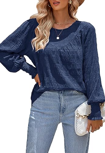 ANCAPELION Damen Elegant Bluse Casual Chiffon Bishop Langarm Rundhals Tunika Tops Lose Einfarbig Musselin Oberteile,Blau L von ANCAPELION