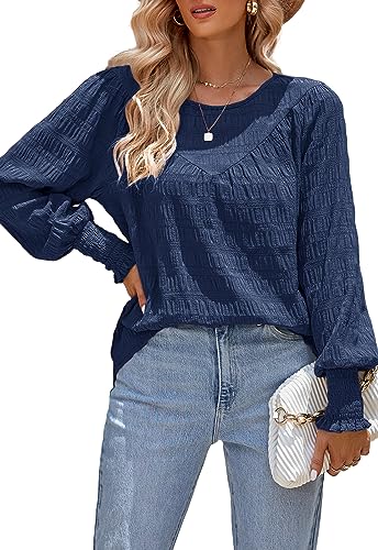 ANCAPELION Damen Elegant Bluse Casual Chiffon Bishop Langarm Rundhals Tunika Tops Lose Einfarbig Musselin Oberteile,Blau XL von ANCAPELION