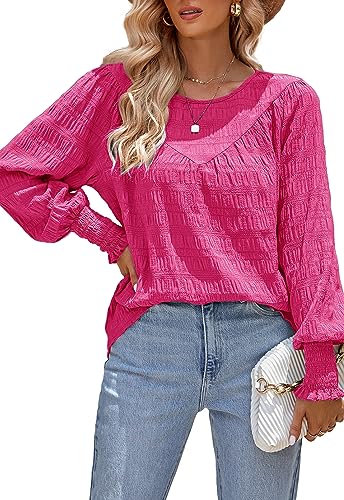 ANCAPELION Damen Elegant Bluse Casual Chiffon Bishop Langarm Rundhals Tunika Tops Lose Einfarbig Musselin Oberteile,Rose L von ANCAPELION