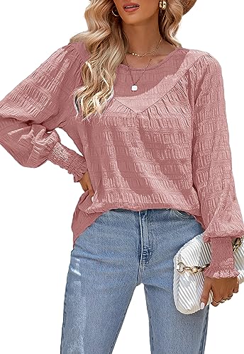 ANCAPELION Damen Elegant Bluse Rosa Chiffon Bishop Langarm Rundhals Tunika Tops Lose Casual Einfarbig Musselin Oberteile,L von ANCAPELION