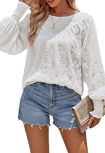 ANCAPELION Damen Elegant Bluse Weiß Chiffon Bishop Langarm Rundhals Tunika Tops Casual Lose Einfarbig Musselin Oberteile,L von ANCAPELION