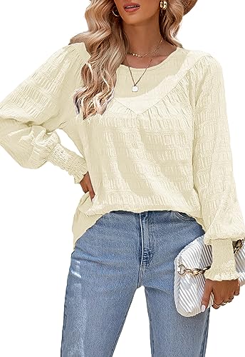 ANCAPELION Damen Elegant Creme Bluse Casual Chiffon Bishop Langarm Rundhals Tunika Tops Lose Einfarbig Musselin Oberteile,M von ANCAPELION