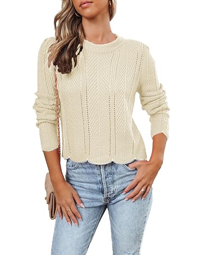 ANCAPELION Damen Elegant Strickpullover Lässig Rundhals Niedlich Pullover Einfach Gerippt Kabel Stilvoll Einzigartig Sweater,091-Einfach Creme XL von ANCAPELION