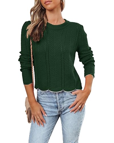 ANCAPELION Damen Elegant Strickpullover Lässig Rundhals Niedlich Pullover Einfach Gerippt Kabel Stilvoll Einzigartig Sweater,091-Einfach Grün XXL von ANCAPELION