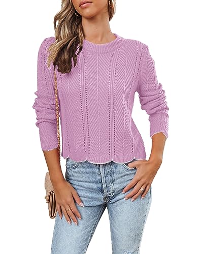 ANCAPELION Damen Elegant Strickpullover Lässig Rundhals Niedlich Pullover Einfach Gerippt Kabel Stilvoll Einzigartig Sweater,091-Einfach Violett XL von ANCAPELION