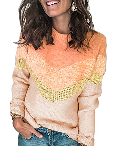 ANCAPELION Damen Grobstrick Pullover Casual Stricken Sweater Lange Ärmel Pulli Farbblock Sweatshirt Elegant Jumper Rundhals Lose Oberteile Herbst Winter Outwear C-Beige L von ANCAPELION