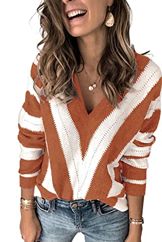 ANCAPELION Damen Grobstrick Pullover Casual Stricken Sweater Lange Ärmel Pulli Farbblock Sweatshirt Elegant Jumper Rundhals Lose Oberteile Herbst Winter Outwear D-Orange XXL von ANCAPELION