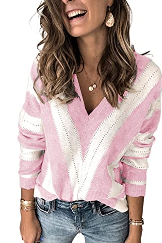 ANCAPELION Damen Grobstrick Pullover Casual Stricken Sweater Lange Ärmel Pulli Farbblock Sweatshirt Elegant Jumper Rundhals Lose Oberteile Herbst Winter Outwear D-Rosa M von ANCAPELION