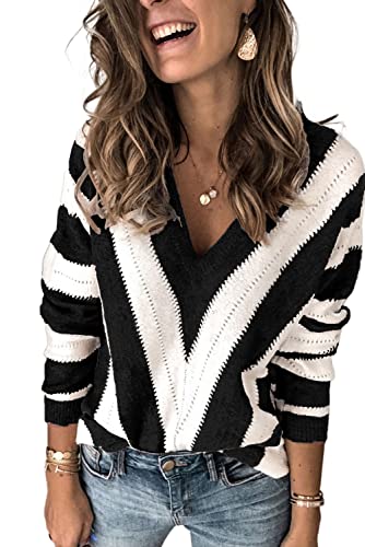 ANCAPELION Damen Grobstrick Pullover Casual Stricken Sweater Lange Ärmel Pulli Farbblock Sweatshirt Elegant Jumper Rundhals Lose Oberteile Herbst Winter Outwear D-Schwarz XL von ANCAPELION