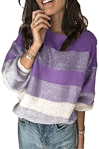 ANCAPELION Damen Grobstrick Pullover Casual Stricken Sweater Lange Ärmel Pulli Farbblock Sweatshirt Elegant Jumper Rundhals Lose Oberteile Herbst Winter Outwear Violett L von ANCAPELION