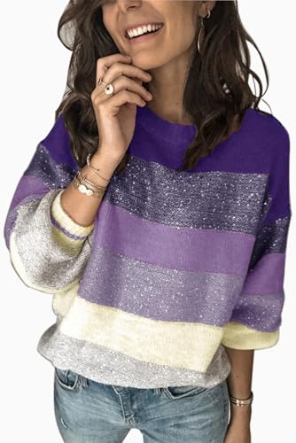 ANCAPELION Damen Grobstrick Pullover Casual Stricken Sweater Lange Ärmel Pulli Farbblock Sweatshirt Elegant Jumper Rundhals Lose Oberteile Herbst Winter Outwear Violett XL von ANCAPELION