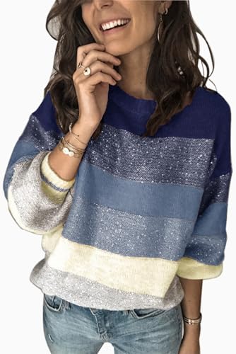 ANCAPELION Damen Grobstrick Pullover Casual Stricken Sweater Lange Ärmel Pulli Farbblock Sweatshirt Elegant Jumper Rundhals Lose Oberteile Herbst Winter Outwear für Frauen,B-Marineblau,S ANCAPELION Damen Grobstrick Pullover Casual Stricken Sweater Lange Ärmel Pulli Farbblock Sweatshirt Elegant Jumper Rundhals Lose Oberteile Herbst Winter Outwear für Frauen,B-Marineblau,S von ANCAPELION
