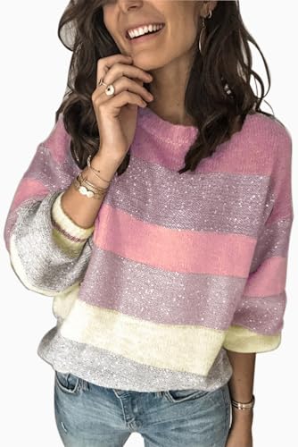 ANCAPELION Damen Grobstrick Pullover Casual Stricken Sweater Lange Ärmel Pulli Farbblock Sweatshirt Elegant Jumper Rundhals Lose Oberteile Herbst Winter Outwear für Frauen,B-Rose,M von ANCAPELION