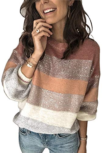 ANCAPELION Damen Pullover Casual Stricken Sweater Lange Ärmel Pulli Farbblock Sweatshirt Elegant Jumper Rundhals Lose Oberteile Herbst Winter Outwear (B-Pink, L) von ANCAPELION