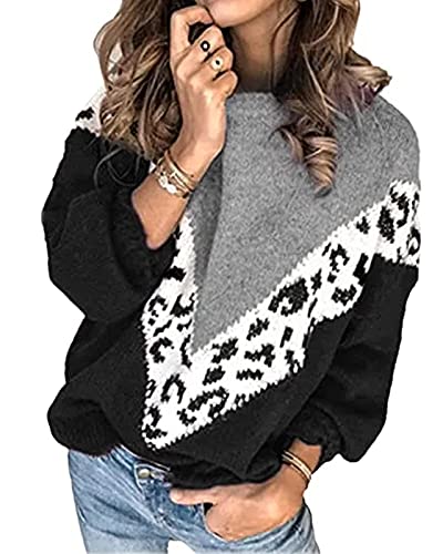 ANCAPELION Damen Grobstrick Pullover Casual Stricken Sweater Lange Ärmel Pulli Farbblock Sweatshirt Elegant Jumper Rundhals Lose Oberteile Herbst Winter Outwear für Frauen (Leopard-Grau, S) von ANCAPELION