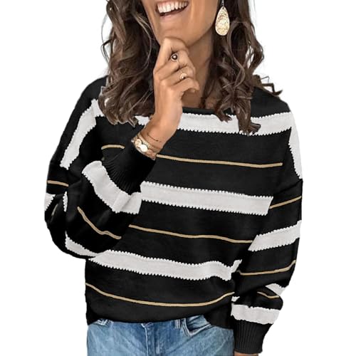 ANCAPELION Damen Grobstrick Pullover Casual Stricken Sweater Lange Ärmel Pulli Farbblock Sweatshirt Elegant Jumper Rundhals Lose Oberteile Herbst Winter Outwear für Frauen Schwarz XL von ANCAPELION