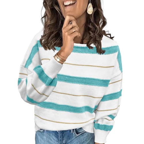 ANCAPELION Damen Grobstrick Pullover Casual Stricken Sweater Lange Ärmel Pulli Farbblock Sweatshirt Elegant Jumper Rundhals Lose Oberteile Herbst Winter Outwear für Frauen Weiß und Blau L von ANCAPELION
