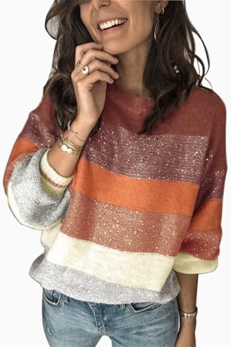 ANCAPELION Damen Grobstrick Pullover Casual Stricken Sweater Rundhals Lose Oberteile Herbst Winter Outwear für Frauen Lange Ärmel Pulli Farbblock Sweatshirt,B-pink S von ANCAPELION