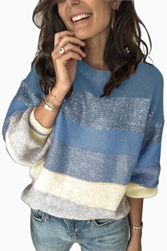 ANCAPELION Damen Grobstrick Pullover Lange Ärmel Pulli Farbblock Sweatshirt Casual Stricken Sweater Elegant Jumper Rundhals Lose Oberteile Herbst Winter Outwear für Frauen,B-blau,XXL von ANCAPELION