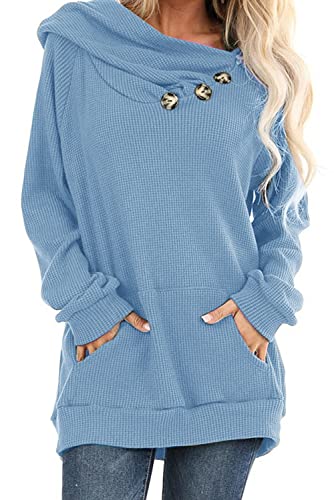 ANCAPELION Damen Hoodie Gestrickt Pulli Pullover Langarm Oberteile Einfarbig Sweater Tunika Top mit Knopf Tasche (Himmelblau, M) von ANCAPELION