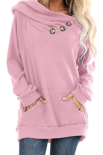 ANCAPELION Damen Hoodie Gestrickt Pulli Pullover Langarm Oberteile Einfarbig Sweater Tunika Top mit Knopf Tasche (Rosa, M) von ANCAPELION