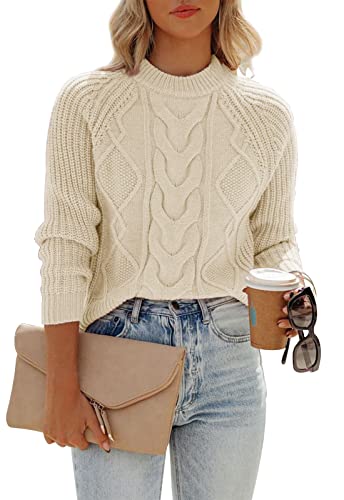 ANCAPELION Damen Kabel Pullove,Winter Casual Leicht Rundhals Langarm Einfarbig Elegant Gerippt Strickpullover,Rein Beige XL von ANCAPELION