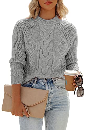 ANCAPELION Damen Kabel Pullove,Winter Casual Leicht Rundhals Langarm Einfarbig Elegant Gerippt Strickpullover,Rein Grau M von ANCAPELION