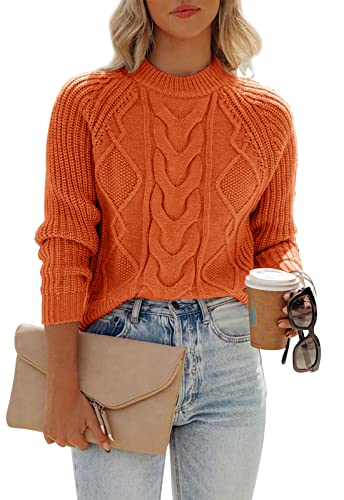 ANCAPELION Damen Kabel Pullove,Winter Casual Leicht Rundhals Langarm Einfarbig Elegant Gerippt Strickpullover,Rein Orange L von ANCAPELION