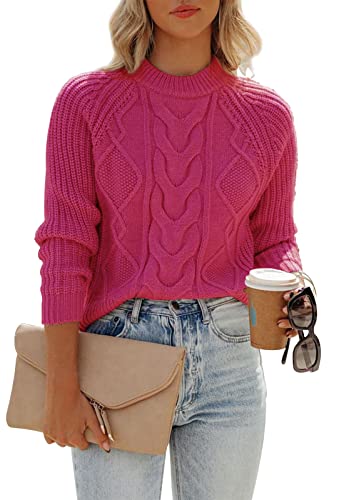 ANCAPELION Damen Kabel Pullove,Winter Casual Leicht Rundhals Langarm Einfarbig Elegant Gerippt Strickpullover,Rein Rosa XL von ANCAPELION
