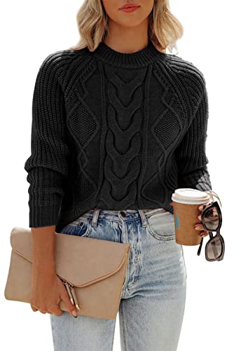 ANCAPELION Damen Kabel Pullove,Winter Casual Leicht Rundhals Langarm Einfarbig Elegant Gerippt Strickpullover,Rein Schwarz L von ANCAPELION