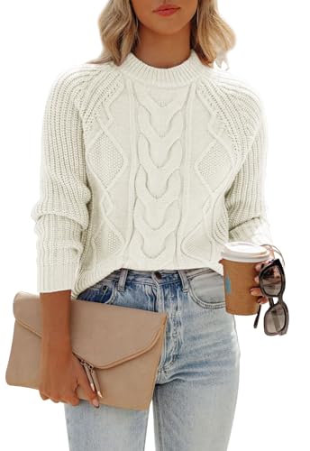 ANCAPELION Damen Kabel Pullove,Winter Casual Leicht Rundhals Langarm Einfarbig Elegant Gerippt Strickpullover,Weiß XL von ANCAPELION
