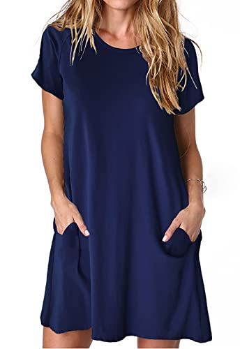 ANCAPELION Damen Kurzarm T-Shirt Kleid Freizeitkleid A-Linie Minikleid Kurz Sommerkleid Lose Tunika Rundhals Langes Shirt Blau S von ANCAPELION