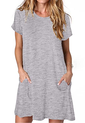 ANCAPELION Damen Kurzarm T-Shirt Kleid Freizeitkleid A-Linie Minikleid Kurz Sommerkleid Lose Tunika Rundhals Langes Shirt Grau L von ANCAPELION