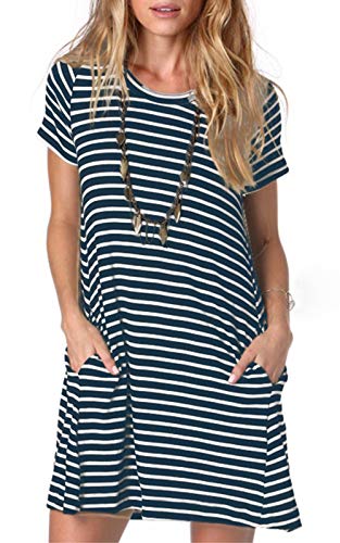 ANCAPELION Damen Kurzarm T-Shirt Kleid Freizeitkleid A-Linie Minikleid Kurz Sommerkleid Lose Tunika Rundhals Langes Shirt Streifen L von ANCAPELION